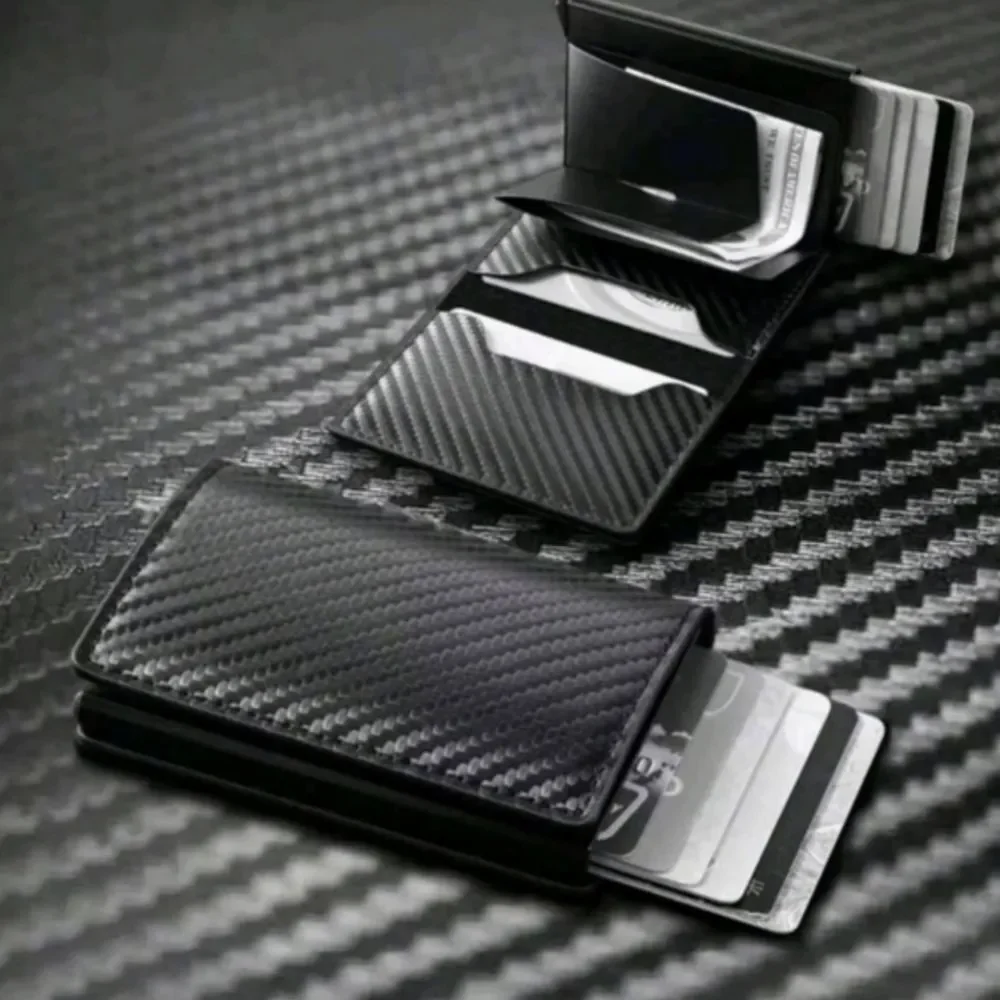 Minimalist Carbon Fibber Bifold Slim Men's Wallet Black With Pop-up Cards